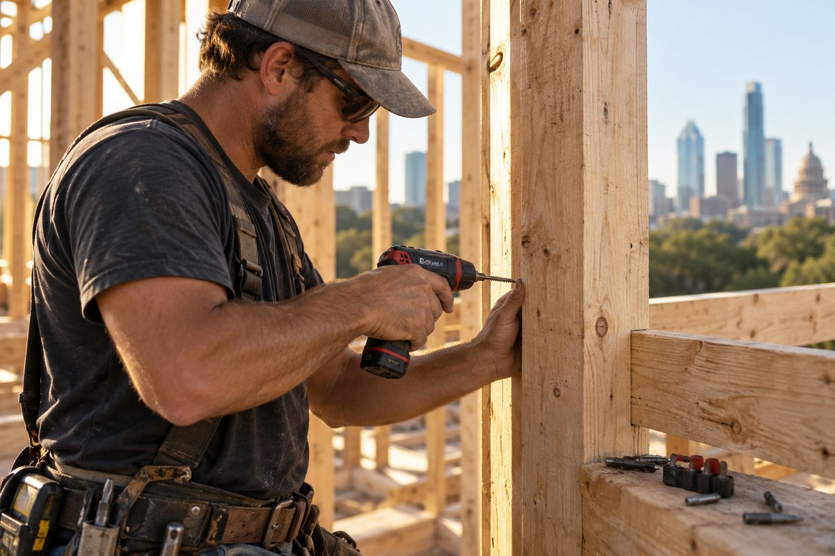 Worker using a hand driver set on a timber frame