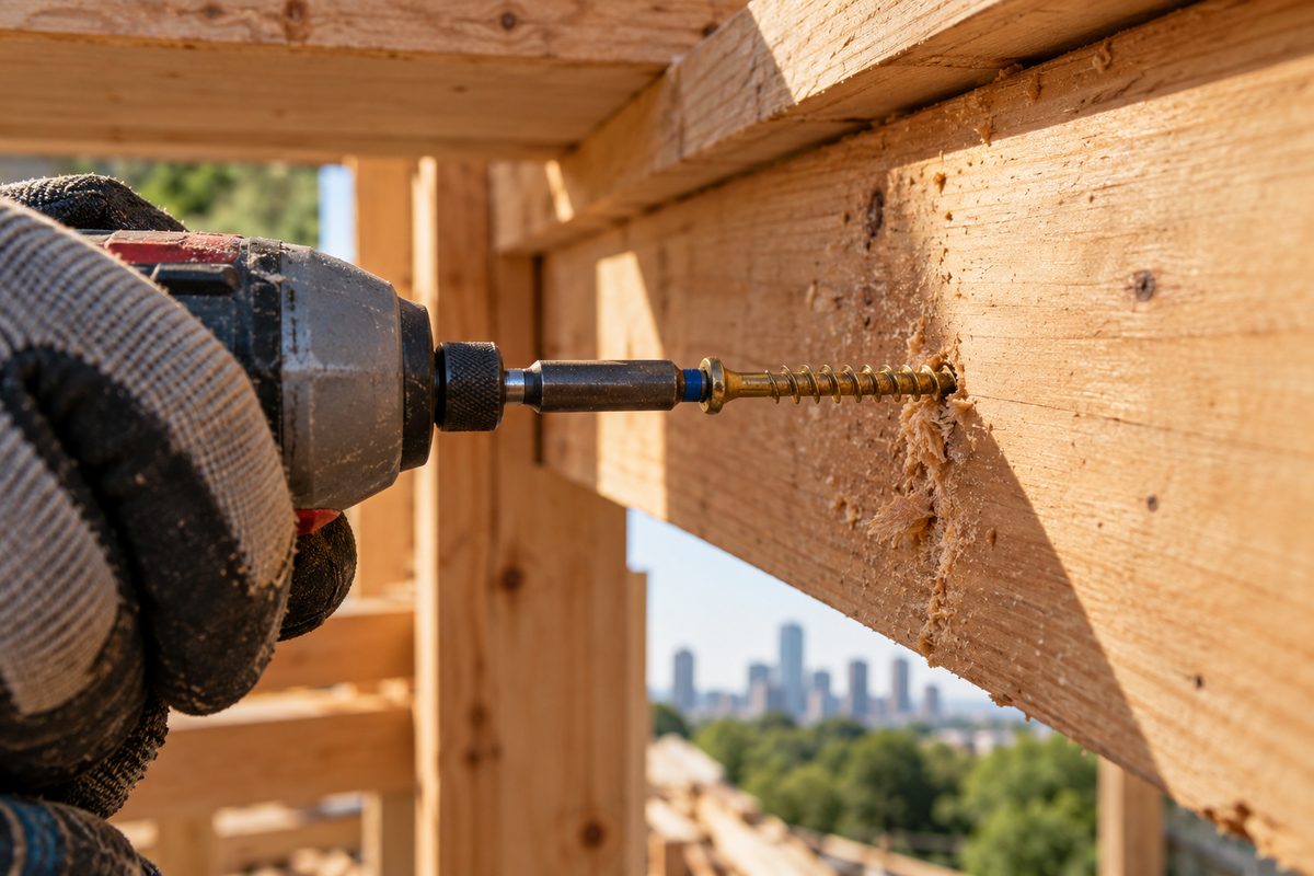 Coated Torx wood screw entering a timber joist